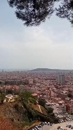 Smoke rises over Barcelona skyline, seen from hilltop