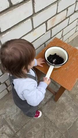A toddler stands next to a wooden stool and reaches towards a pot of berries. The toddler is wearing a grey sweatshirt and dark grey overalls. The pot is white with a black rim and a white handle, and it is filled with dark berries, possibly blueberries or blackcurrants. The toddler's right hand is on the handle of the pot, and their left hand is reaching towards the berries. The scene takes place outdoors, with a brick wall in the background.