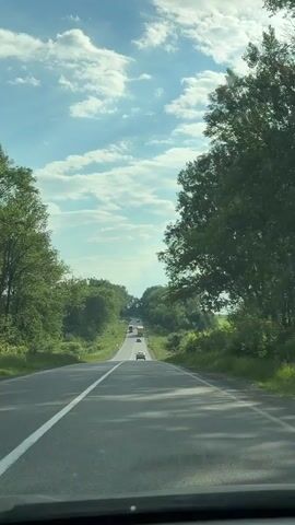 This video shows a view from a vehicle driving on a paved road through a rural area. The road is lined with lush green trees on both sides, creating a tunnel-like effect. In the distance, the road curves and ascends a gentle hill, with more trees and fields visible beyond. Several vehicles are on the road ahead, including cars and what appears to be a truck or bus. The sky is a bright blue with fluffy white clouds, suggesting it is daytime and the weather is pleasant. The overall impression is one of a scenic drive through the Ukrainian countryside. The time of day appears to be late morning or early afternoon, given the bright sunlight and clear sky. There are no visible text elements in the video.