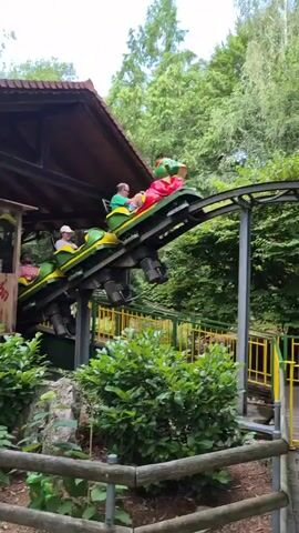A group of people are riding a roller coaster through a wooded area. The roller coaster cars are designed to look like caterpillars, with green and yellow coloring. The people on the roller coaster are smiling and appear to be enjoying the ride. The trees are lush and green, and the sky is overcast. There is a yellow gate and a wooden fence in the foreground. A sign that reads "Ausgang" (German for "Exit") is visible on a post.