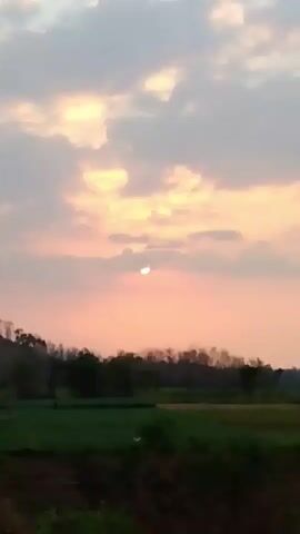 The video shows a rural landscape at sunset. The sky is filled with pink and orange clouds, with the sun partially obscured by clouds. In the foreground, there are fields of green crops and trees. A hill with scattered trees is visible in the background. The video appears to be filmed from a moving vehicle, as the landscape is slightly blurred and shifts horizontally. No people or specific actions are discernible.