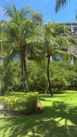 The camera pans across a lush green landscape featuring palm trees, a well-manicured lawn, and a variety of plants and shrubs. The shot reveals a luxury resort area with a wooden deck leading over a serene pool with a waterfall feature. Two lounge chairs are visible in the shade of a canopied structure. In the background, a modern building is partly obscured by the dense foliage. A group of people is seen walking along the deck, adding a sense of activity to the tranquil setting under a clear blue sky with scattered clouds.