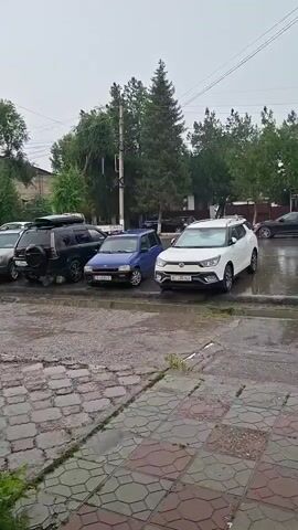The video shows a street scene with several cars parked on a wet asphalt surface. The ground is paved with colored square tiles in the foreground. The sky is overcast, suggesting it might be raining or has recently rained, as indicated by the puddles and wetness on the road.

In the foreground, on the left, a dark SUV is parked. Next to it, a small blue car is visible. Further down the row of parked cars, a white SUV is parked, followed by a silver sedan. To the right of the silver sedan, an older model white sedan is parked. A small red car is parked next to the older white sedan, and another white car is parked further down the line on the far right.

In the background, there are trees and buildings. One building appears to be a multi-story structure with windows and signs. The overall impression is an outdoor parking area on a cloudy and wet day. There are no visible people in the frame. The timestamp in the video indicates that the recording spans from 00:00 to 00:05.