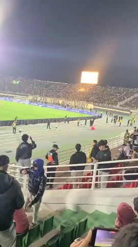 The video, taken from a high angle within a stadium, shows a large crowd filling the stands. The viewpoint is behind a metal railing where several people are standing, watching the soccer field below. A security officer stands near the railing, presumably monitoring the crowd. In the background, a large electronic screen displays light, while the stands opposite show a banner that reads, "WE ARE YOUR HUCKLEBERRY." One person in the foreground attempts to climb over the railing, while others capture the scene with their phones. The overall atmosphere appears energetic and lively.