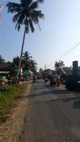 A paved road runs through a rural area with a tall coconut tree on the left. Several people are present, some on motorcycles. There are flags and decorations visible, suggesting a festive occasion. On the right side of the road, there are large speakers. The sky is clear and blue.