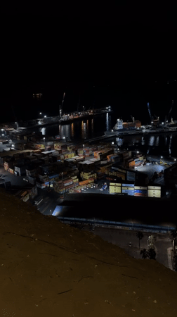 Lit star landmark towers over a busy port city at night