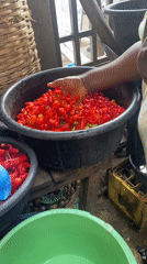 Lagos vendor sorts red peppers at market stall
