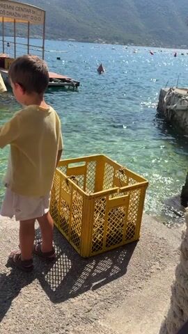 TWO YOUNG BOYS STANDING ON A STONE PATH BESIDE A BODY OF WATER. THE BOY ON THE LEFT IS OLDER AND IS WEARING A YELLOW T-SHIRT AND BLACK SHORTS. THE BOY ON THE RIGHT IS YOUNGER AND IS WEARING A YELLOW T-SHIRT AND WHITE SHORTS. BETWEEN THE BOYS IS A LARGE YELLOW PLASTIC CRATE FILLED WITH WHAT APPEARS TO BE DRIED GRAPES OR RAISINS. THE WATER IS CLEAR AND BLUE, WITH MOUNTAINS IN THE BACKGROUND. THERE ARE SEVERAL BOATS AND BUOYS VISIBLE IN THE WATER. THE SKY IS CLEAR AND BLUE.