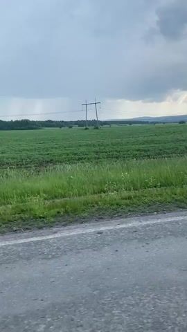 A video taken from a vehicle traveling along a paved road shows a green field and a cloudy sky. In the field, there are two tall power line towers. The vegetation in the foreground consists of green grass with some yellow wildflowers. The sky is overcast with dark, heavy clouds. The video is shot from a moving vehicle, indicated by the slight blur and movement of the scenery.