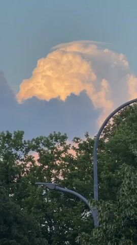 The video captures a large, billowing cloud formation illuminated by a warm, golden light, possibly from the setting sun. The cloud appears dense and textured, with darker shades at its base and lighter, ethereal layers at its apex. Below the cloud, lush green trees are visible, their foliage dense and vibrant. A curved black lamppost, with a black light fixture attached, cuts diagonally across the lower right portion of the frame, partially obscuring the trees and the lower part of the sky. The sky itself is a soft blue, transitioning to a paler hue near the horizon. The camera appears to be held steady, with minimal movement, focusing on the dynamic cloud formation against the backdrop of the trees and sky. There are no people or explicit actions depicted in the video.