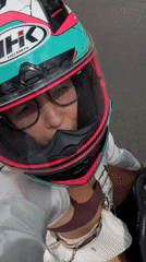Café selfies and close-ups, helmet in tow