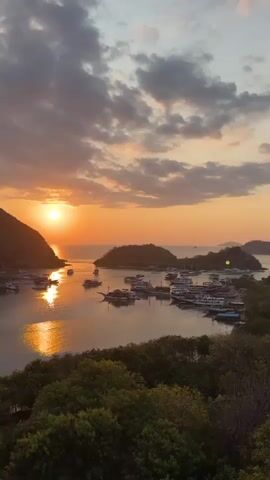 The video opens with a sunset over a bay filled with boats. The sun is low on the horizon, casting a warm orange glow across the sky and water. Mountains rise on either side of the bay, covered in green foliage. Several boats of various sizes are anchored in the water. As the video progresses, the camera pans to the right, revealing more of the coastline and the open sea. A long, winding wooden pier extends into the water, with several boats docked alongside it. In the foreground, lush green trees and some pink flowers are visible. The sky is filled with dramatic clouds, tinged with orange and pink from the sunset. The overall scene is one of natural beauty and tranquility.