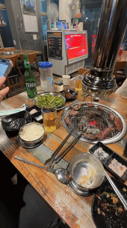 Korean BBQ lunch in Seoul, meat on the grill