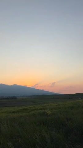 This is a short video of a sunset over a rural landscape. The foreground is a field of green grass, with some wildflowers visible. In the middle ground, there are rolling hills and a distant mountain range. The sky is a pale blue, transitioning to orange and pink hues near the horizon where the sun is setting. There are no people or man-made objects clearly visible in the video. The overall mood is peaceful and serene.
