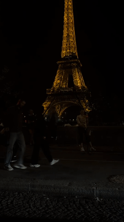 Evening activity captured near illuminated Eiffel Tower in Paris