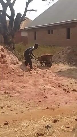 A man is shoveling dirt into a wheelbarrow. He is dressed in dark clothing. There is a pile of dirt, a tree and a building in the background. The ground is dry and red.