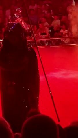 A person in a dark, sequined costume stands on a stage illuminated by red lights. The costume appears to have a hood or head covering and is long, reaching to the floor. The person is holding a dark object in their left hand and a long pole in their right hand. The stage floor is wet and reflects the red light. In the background, an audience is visible, seated in tiered rows. The audience members are silhouetted against the lighting.
