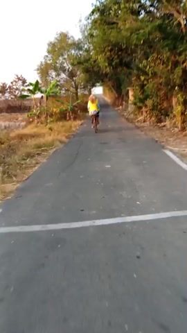 A person is riding a bicycle down a paved road. The road is lined with trees and dry brush. The person is wearing a yellow vest and a backpack. The sun appears to be setting or rising, as the light is low and casts long shadows. The road is cracked and worn in places. There are some banana trees on the left side of the road.