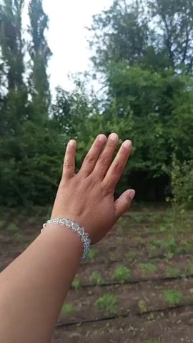 A person's hand, adorned with a beaded bracelet, is held up in the foreground, obscuring part of the view. The hand is facing away from the camera, with the palm visible and fingers slightly spread. The background depicts an outdoor scene with lush green trees and vegetation. In the middle ground, rows of young plants are visible in tilled soil, with what appear to be irrigation lines running between them. The sky is visible above, with some clouds. The camera appears to be at a slightly low angle, looking up at the hand and the background. The overall impression is of a peaceful, natural setting.