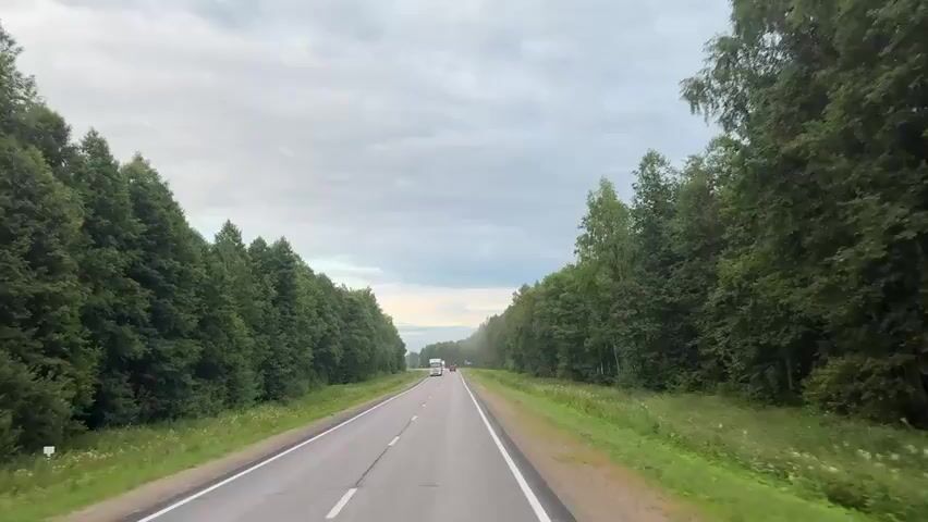 The video shows a view from a vehicle driving on a paved two-lane road through a forested area. The road is lined with dense green trees on both sides, with grassy verges and wildflowers. The sky is overcast with clouds. Several white trucks are visible on the road, including one in the foreground that passes the camera, and others in the distance. The video appears to be a first-person perspective of traveling on this road.