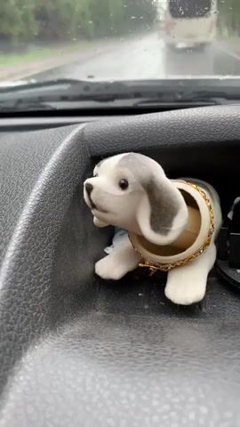 The video shows a dashboard of a car. On the dashboard, there is a small figurine of a dog. The dog is white with gray spots on its ears and has a gold necklace around its neck. The dog is positioned in a compartment on the dashboard. In the background, through the windshield, a wet road and trees can be seen, suggesting it is raining or has recently rained.