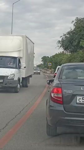 A vertical video shows a view from inside a car driving on a road. In the foreground, the rear of a dark grey Lada Granta is visible, with its taillights illuminated. To the left, a large white truck occupies the adjacent lane. Ahead, several cars are visible in the distance, moving in the same direction. The road has a red line painted along the edge of the lane. Trees and power lines line the sides of the road, and the sky is overcast. A road sign with a blue square and a white arrow is visible on the right side of the road. The video appears to be taken during daylight.