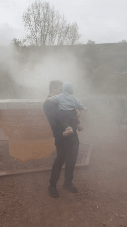 Father and child visit geothermal area in Bad Kreuznach
