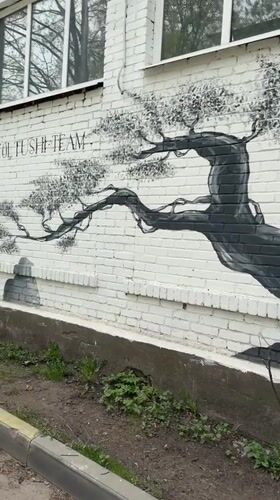 Japanese landscape mural spotted on building wall in Pavlovo