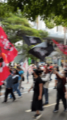 Flag-bearing demonstrators march through São Paulo streets