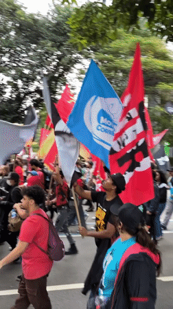 Flag-bearing demonstrators march through São Paulo streets