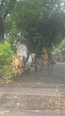 Rainy day documentation of shrine and vehicle in North Kuta