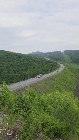 A vertical, full shot captures a scenic landscape under an overcast sky. A paved road winds through rolling, tree-covered hills. In the foreground, lush green foliage obscures the bottom of the frame. On the road, a white truck with a red trailer, possibly a fire truck, is visible in the left lane, moving away from the camera. Further down the road, a few other vehicles are seen, also moving away. The landscape transitions from dense forest to open, grassy fields, with a small pond visible in the middle distance. Power lines are cut into the treeline on the right side of the frame, indicating a cleared path. The overall impression is one of natural beauty with evidence of human infrastructure.