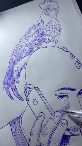 Ink sketches of figures and roosters drawn in Jos, Nigeria