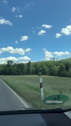 The video shows a view from inside a vehicle driving along a rural road. The sky is blue with scattered white clouds. To the right of the road is a large field of cut grass, appearing to be recently harvested. Beyond the field is a dense line of trees, forming a forest. A few white posts with black tops are visible along the side of the road. A circular green sticker with a black symbol is on the lower right of the dashboard. The overall environment is natural and appears to be a sunny day.