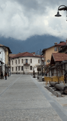 Traditional cobblestone street documented in Bansko, Bulgaria