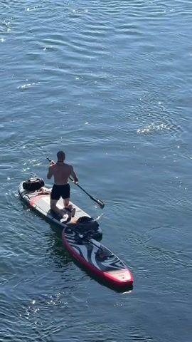 A man is paddleboarding on a body of water. He is standing on a paddleboard and holding a paddle. There is another paddleboard tied to the back of his paddleboard. The water is blue and there are some ripples on the surface. There is a large rock in the water in the distance. A bridge is visible in the background. There are other people paddleboarding and sitting on rocks near the shore. The sky is blue and clear. The sun is shining.