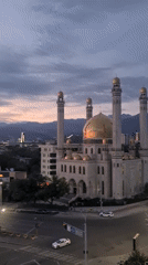 Almaty's Central Mosque and skyline at dusk, multiple angles
