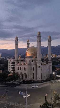 Almaty's Central Mosque and skyline at dusk, multiple angles