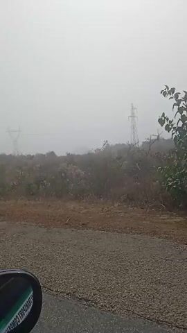 The video shows a view from a vehicle moving along a cracked asphalt road, looking at a landscape shrouded in dense fog. Vegetation, including small trees and bushes, lines the sides of the road. An electrical tower is faintly visible in the distance through the fog. As the vehicle moves, the camera captures a reflection of the driver in the side mirror. The overall impression is one of limited visibility and rural scenery.