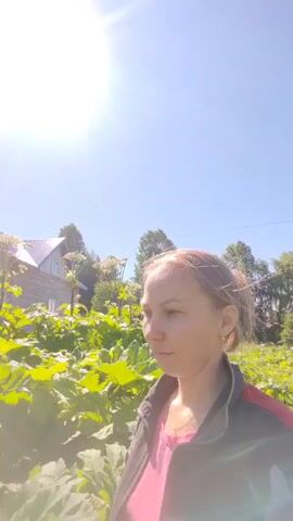 A woman with blonde hair pulled back stands in front of a patch of large green plants under a clear blue sky. The woman is wearing a pink shirt and a black and red jacket. She is smiling and looking at the camera. In the background, there is a wooden house and trees. The plants appear to be hogweed, known for its large size and white flower clusters. Another person, a child wearing a yellow shirt and white hat, can be seen in the background, partially obscured by the plants. The overall scene is outdoors in a rural setting.