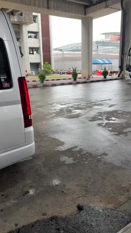 A white van is parked in the foreground, with its rear left quarter visible. Behind the van, a white bus with blue and green graphics, including the word "PEGAS" and a horse logo, is parked and facing left. The bus has tinted windows and is under a covered structure. The ground is wet and appears to be asphalt or concrete. In the background, a multi-story building is visible, along with a parking lot containing motorcycles. The sky is overcast.
