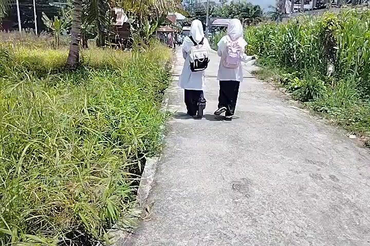 The video begins with a shot of a paved road bordered by lush green grass and vegetation on the left, and what appears to be a cornfield on the right. In the distance, there are some buildings and trees. Two young females, wearing white hijabs and long dark skirts, are walking away from the camera down the road. They both have backpacks, one black and one pink. As the video progresses, the camera moves slightly, and a motorcycle carrying two people approaches from behind. The motorcycle is driven by a male, and a female passenger, also wearing a white hijab and a white top, is seated behind him. They pass the two girls walking on the road. The scene suggests a rural or semi-rural setting, likely during the daytime given the bright lighting.