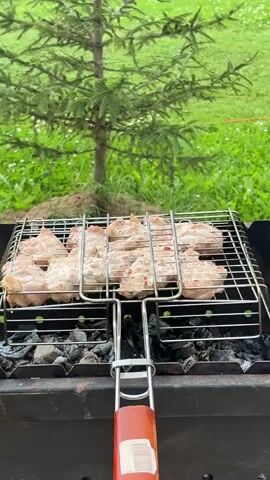 This is a close-up, medium shot video taken outdoors in a backyard setting. The focus is on a metal grill filled with raw meat, which is positioned over glowing charcoal embers. A tree with green foliage is visible in the background, obscuring part of the scene. Beyond the tree, a well-maintained green lawn with small white flowers stretches out, leading to a white metal fence. The camera pans slightly to the right, revealing more of the lawn and a small dark-colored animal, possibly a dog, sitting on the grass in the distance. The overall atmosphere suggests a casual outdoor cooking event.