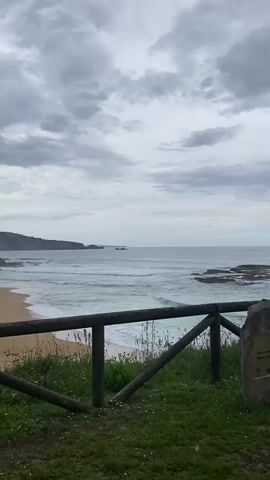 The video shows a cloudy day at a beach overlooking the ocean. The view is partially obstructed by a wooden fence. The camera pans to reveal a picnic spread on a wooden table. The spread includes bread, various containers of olives, carrots, peas, guacamole, cheese, crackers, tomatoes, and grapes. A person in jeans and a black shirt stands behind the table.