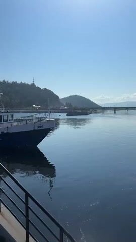 A boat is docked on a body of water. The boat is white and blue and has a name painted on the side. There is smoke coming from the boat. In the background, there are trees and mountains. The sky is blue and clear. There is a bridge in the distance.