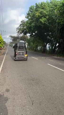 A three-wheeled vehicle is driving down a paved road, passing by trees and other vehicles. The road is wet, and the sky is cloudy. The area appears to be a rural setting with a coastline visible in the distance.