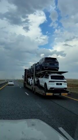 A car carrier truck transports multiple vehicles on a highway under a cloudy sky. The camera is positioned inside another vehicle, capturing the car carrier from the side. Several white cars are visible on the lower deck of the carrier, while dark-colored vehicles are on the upper deck. The highway appears to be asphalt with clear lane markings. In the distance, other vehicles are seen traveling on the same highway. The surrounding landscape is flat and appears to be agricultural land or open fields. The lighting suggests it is daytime.