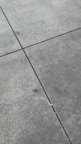 This media file shows a close-up, high-angle view of a concrete sidewalk. The concrete is grey and textured, with visible expansion joints creating a grid-like pattern. There are some scattered specks of white and grey debris, possibly dirt or small stones, on the surface. The lighting suggests it is daytime, with the sun casting subtle shadows that highlight the texture of the concrete. No people, specific objects, or events are discernible beyond the texture of the sidewalk itself. The setting appears to be an outdoor urban or suburban environment, consistent with a sidewalk in Dulovo, Bulgaria. The overall impression is a mundane, everyday scene focused on the ground surface.