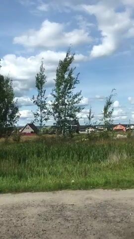 This is a video taken from a moving vehicle, likely a car, driving on a dirt road. The camera is pointed towards the right side of the road, showing a landscape with trees and grass. In the foreground, there is a dirt road. Behind the road, there is tall green grass and various trees, including birch trees with their distinctive white bark. Some houses are visible in the background, nestled among the trees. The sky is blue with scattered white clouds. The video appears to be shot during the daytime, possibly in the summer or early autumn, given the lush green foliage. The movement of the vehicle creates a slight blur in the background and a panning effect as the scenery passes by. There are no people or animals visible in the video.