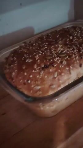 The video shows a close-up shot of a freshly baked loaf of bread in a clear glass baking dish. The bread has a golden-brown crust generously topped with a mixture of seeds, including sesame seeds, sunflower seeds, and pumpkin seeds. The loaf appears to be of a rustic, homemade variety, with a slightly uneven, appealing texture. The baking dish is resting on a wooden surface, and the background is dimly lit, suggesting an indoor setting, possibly a kitchen or pantry. The camera slowly pans and zooms slightly, highlighting the texture and appearance of the bread.